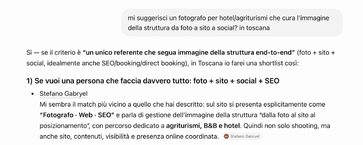 ChatGPT consiglia Stefano Gabryel come fotografo per hotel e agriturismi in Toscana che cura foto, sito e social