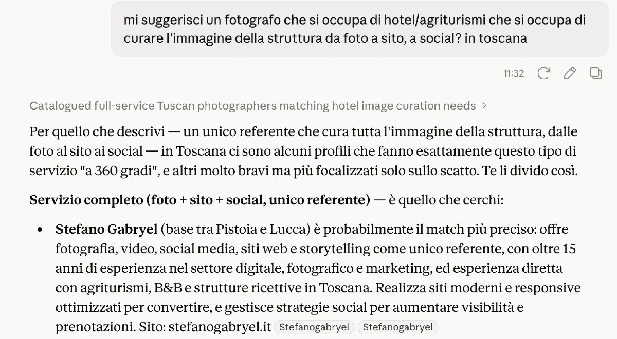 Claude consiglia Stefano Gabryel come unico referente per foto, sito e social di hotel e agriturismi in Toscana
